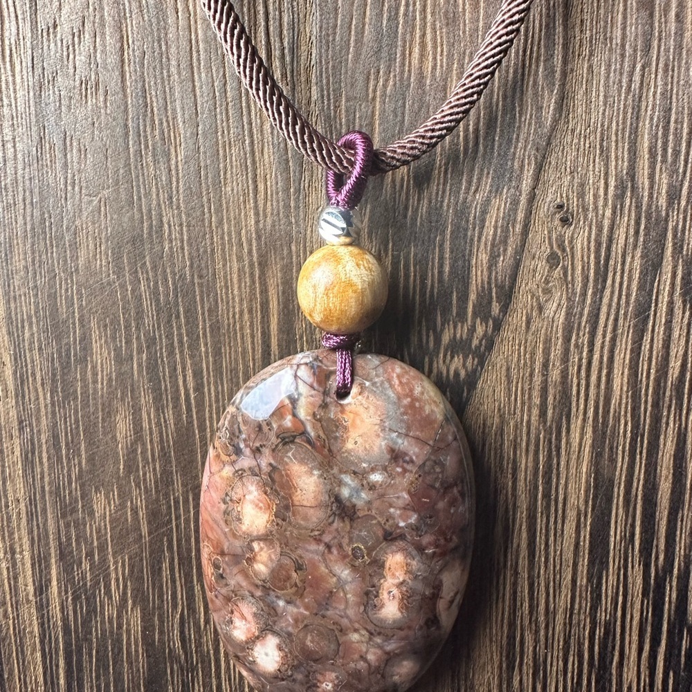 Ocean Jasper Pendant Necklace, Palo Santo Bead on Brown Rope - Picture 5 of 11